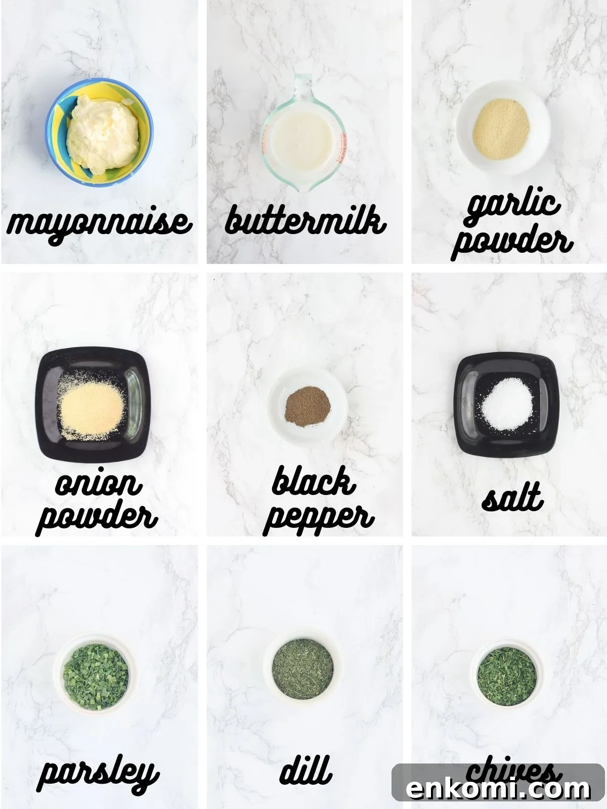 collage of ingredients needed to make buttermilk ranch dressing