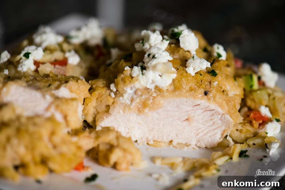 a cut piece of hummus baked chicken with feta and vegetable orzo