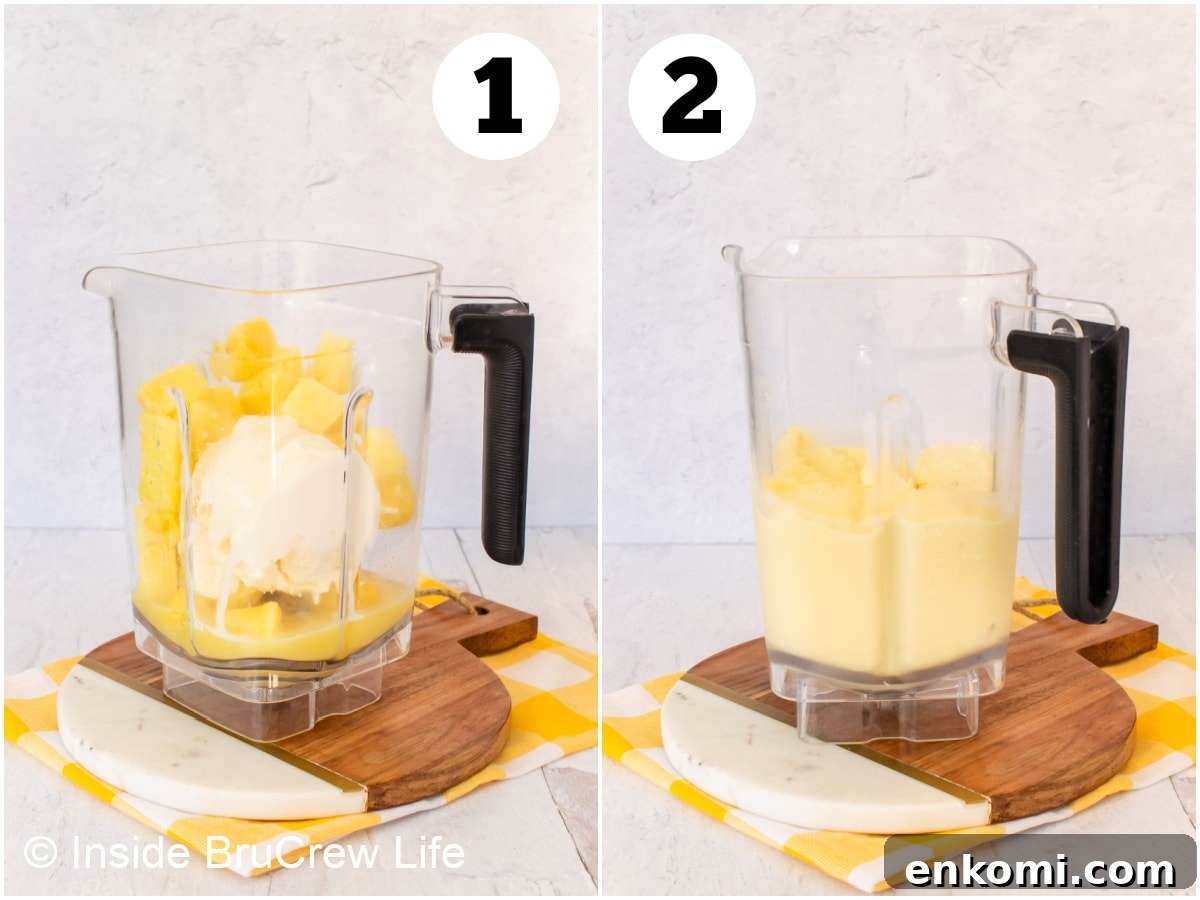 Homemade Pineapple Dole Whip Recipe — Creamy Tropical Soft Serve 4 Two pictures collaged together showing how to use a blender to pulse ice cream and pineapple.