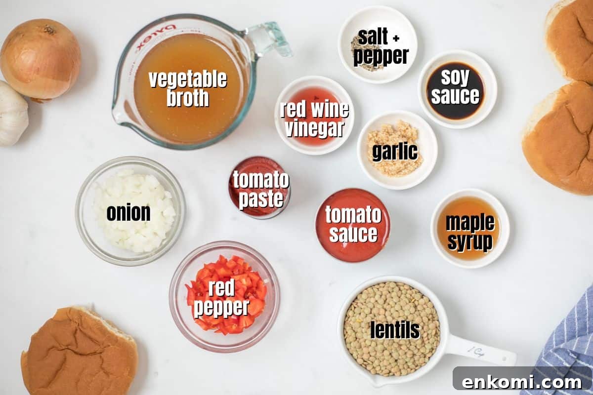 Ingredients for vegan sloppy joes labeled with text on counter.