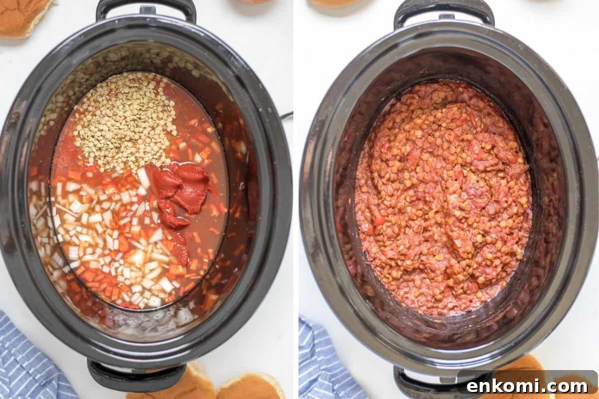 Side by side photos showing lentil sloppy joes before and after slow cooking.