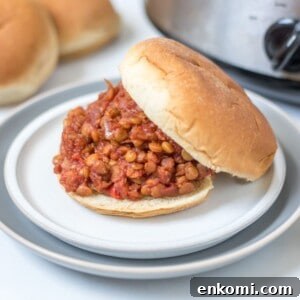Vegan Sloppy Joe made with lentils served on a bun on a plate with the crockpot in the background.