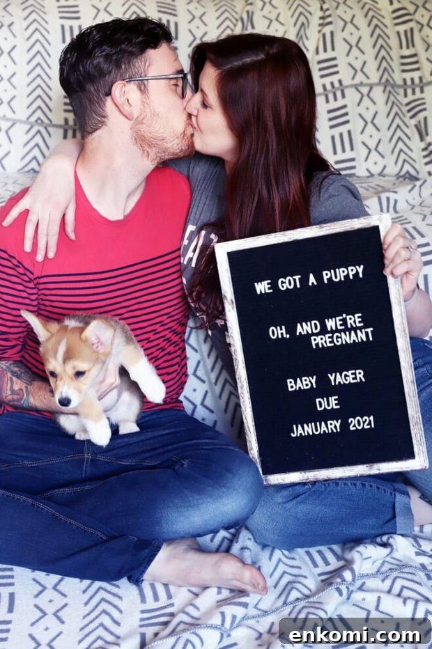 First Trimester Pregnancy Recap: Symptoms, Milestones & Tips 5 Maternity announcement with puppy photo