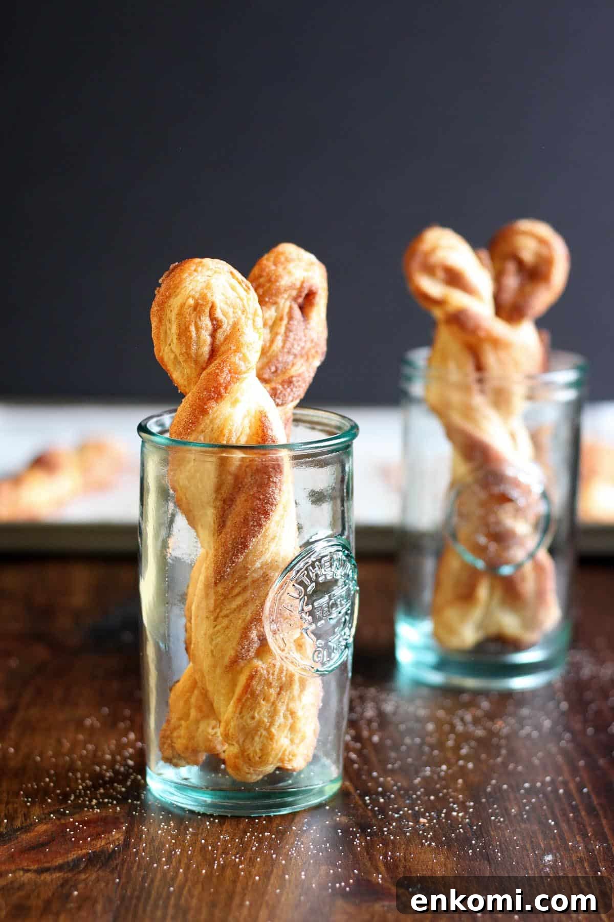 Cinnamon Twists from Homemade Croissant Dough Cinnamon twists in glasses.