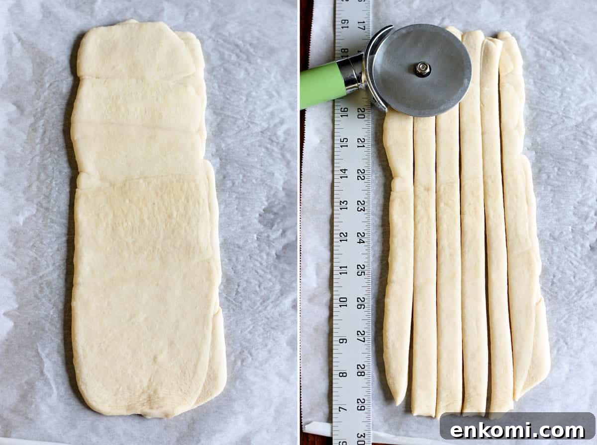 Shaping and slicing dough for cinnamon twists Shaping and slicing the dough to make a cinnamon twist.