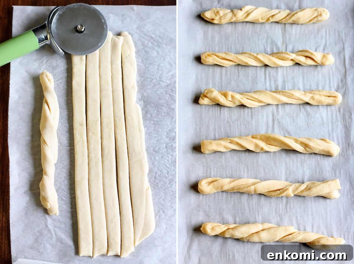 Twisting croissant dough scraps Showing how to make cinnamon twists (shaping the dough).