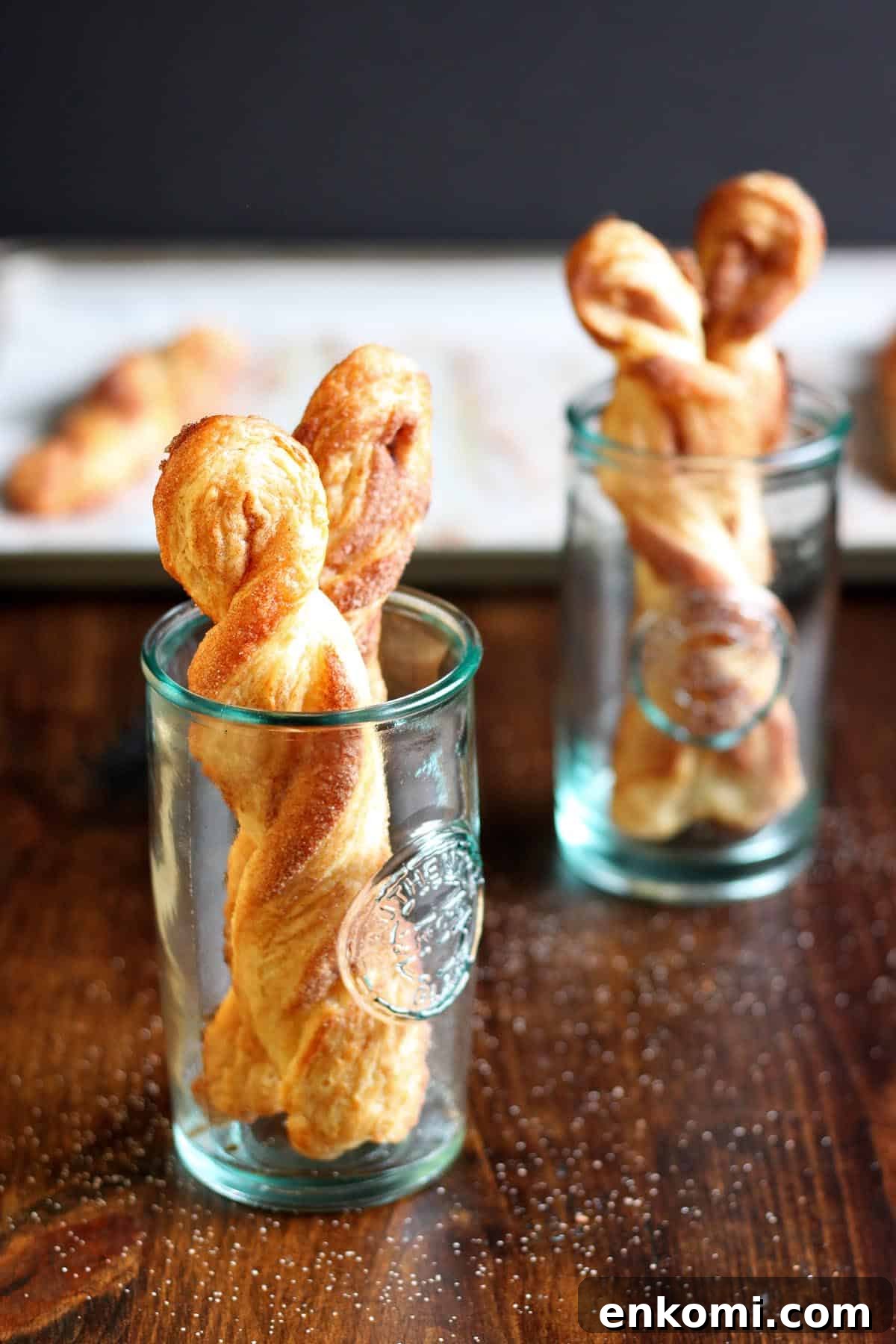Cinnamon Twists from Homemade Croissant Dough Cinnamon twists in glasses.