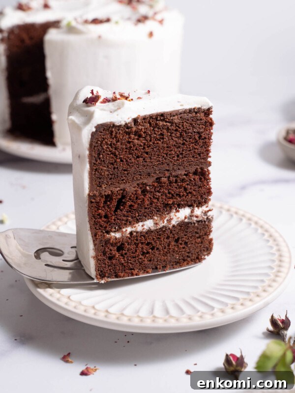 7 Wild Spring Flowers to Forage in the Pacific Northwest 19 A slice of chocolate rose cake being plated