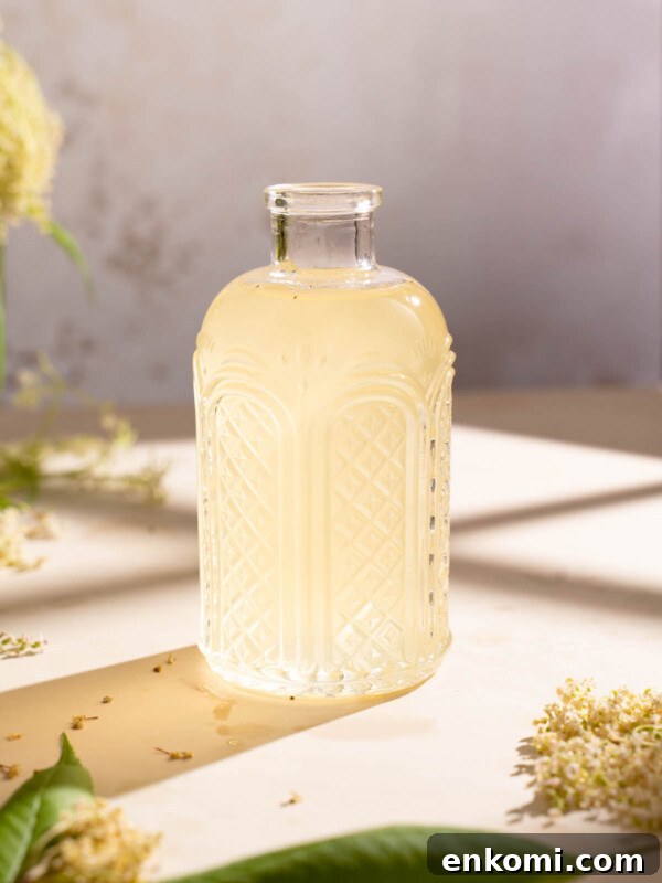 7 Wild Spring Flowers to Forage in the Pacific Northwest 29 A jar of elderflower syrup sitting in the window light on a summer afternoon