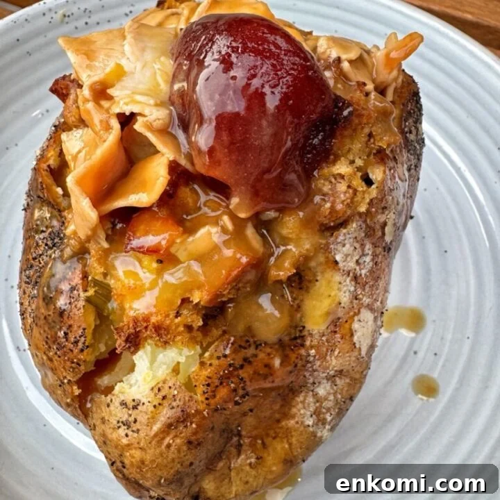 A baked potato stuffed with turkey, gravy, stuffing, and cranberry sauce