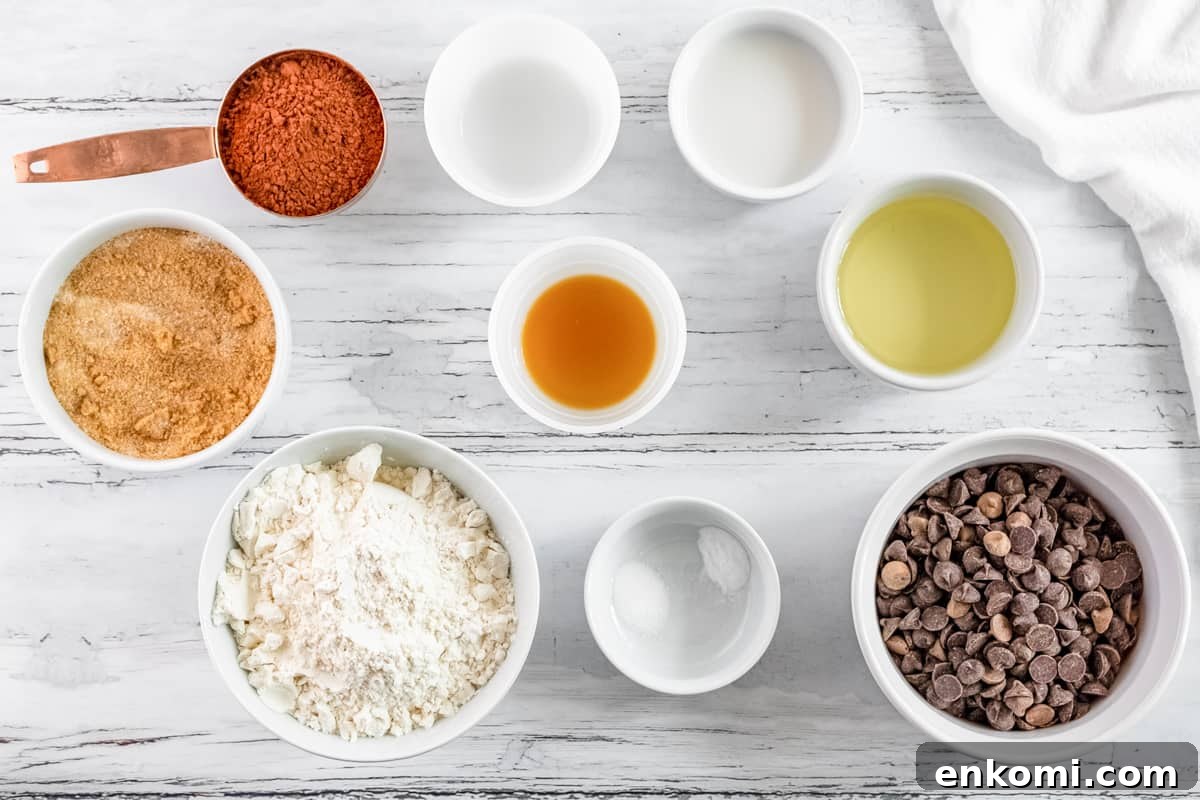 overhead view of ingredients for thin mints in individual bowls.