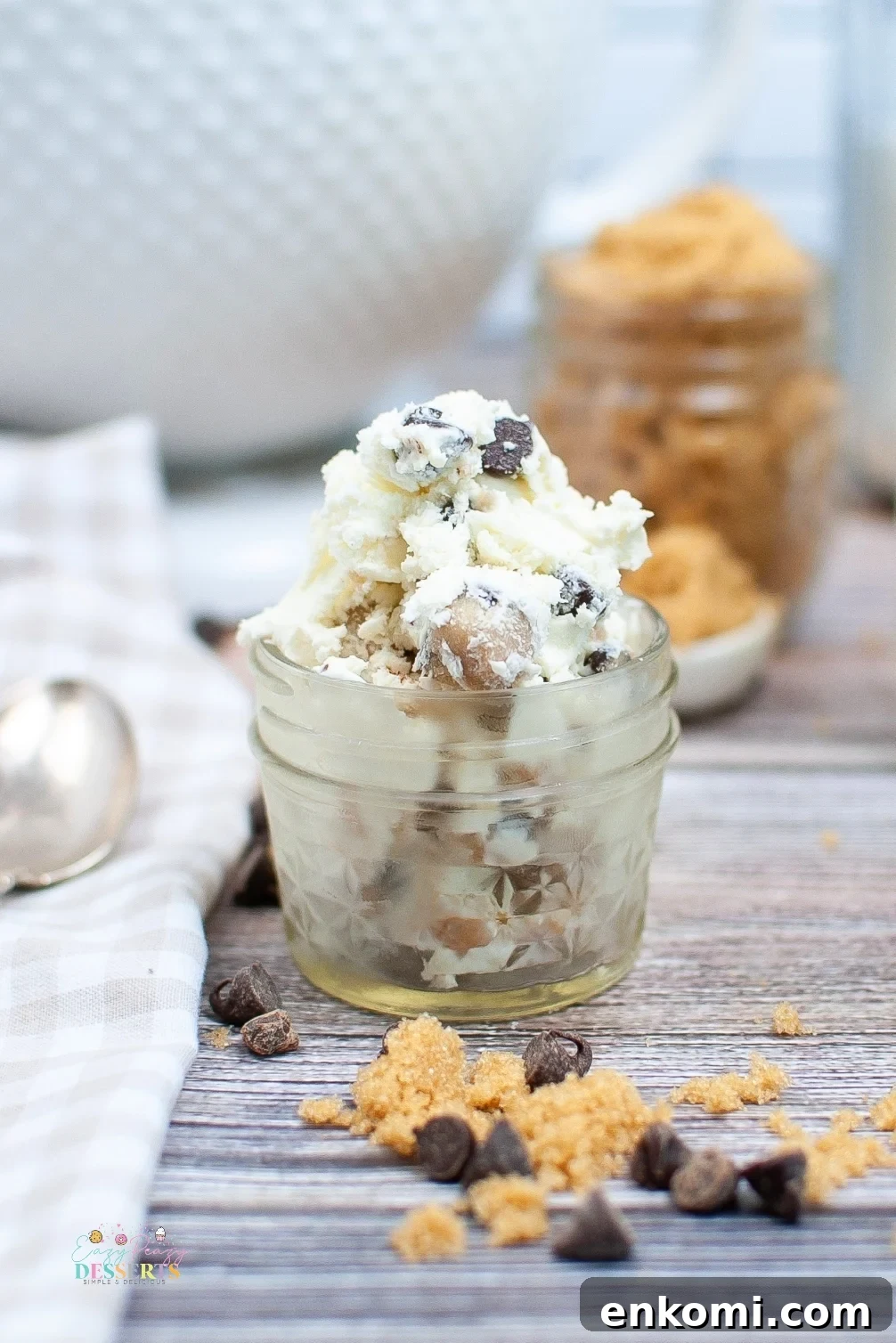 Couple of scoops of chocolate chip cookie dough ice cream in a jar