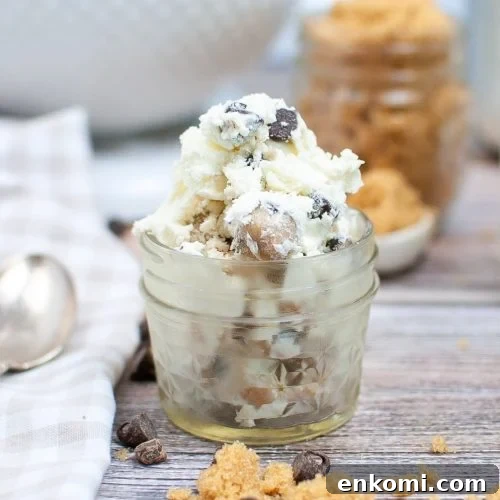 Couple of scoops of chocolate chip cookie dough ice cream in a jar