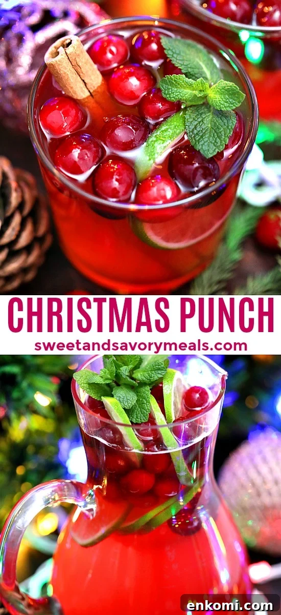 Festive Christmas Punch Recipe for Holiday Parties 7 Christmas Punch is a festive, and refreshing drink that is made with pomegranate, lime, and cranberries, and ready in 5 minutes. #christmaspunch #punchrecipe #christmas #christmasrecipes #sweetandsavorymeals
