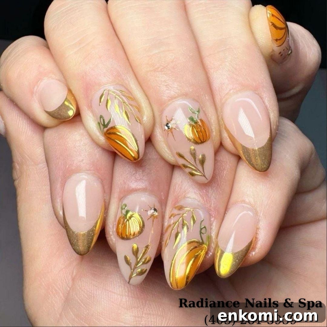 21 Elegant Almond Thanksgiving Nail Designs You’ll Love 17 15. Festive Gold Tips with Pumpkin Accents