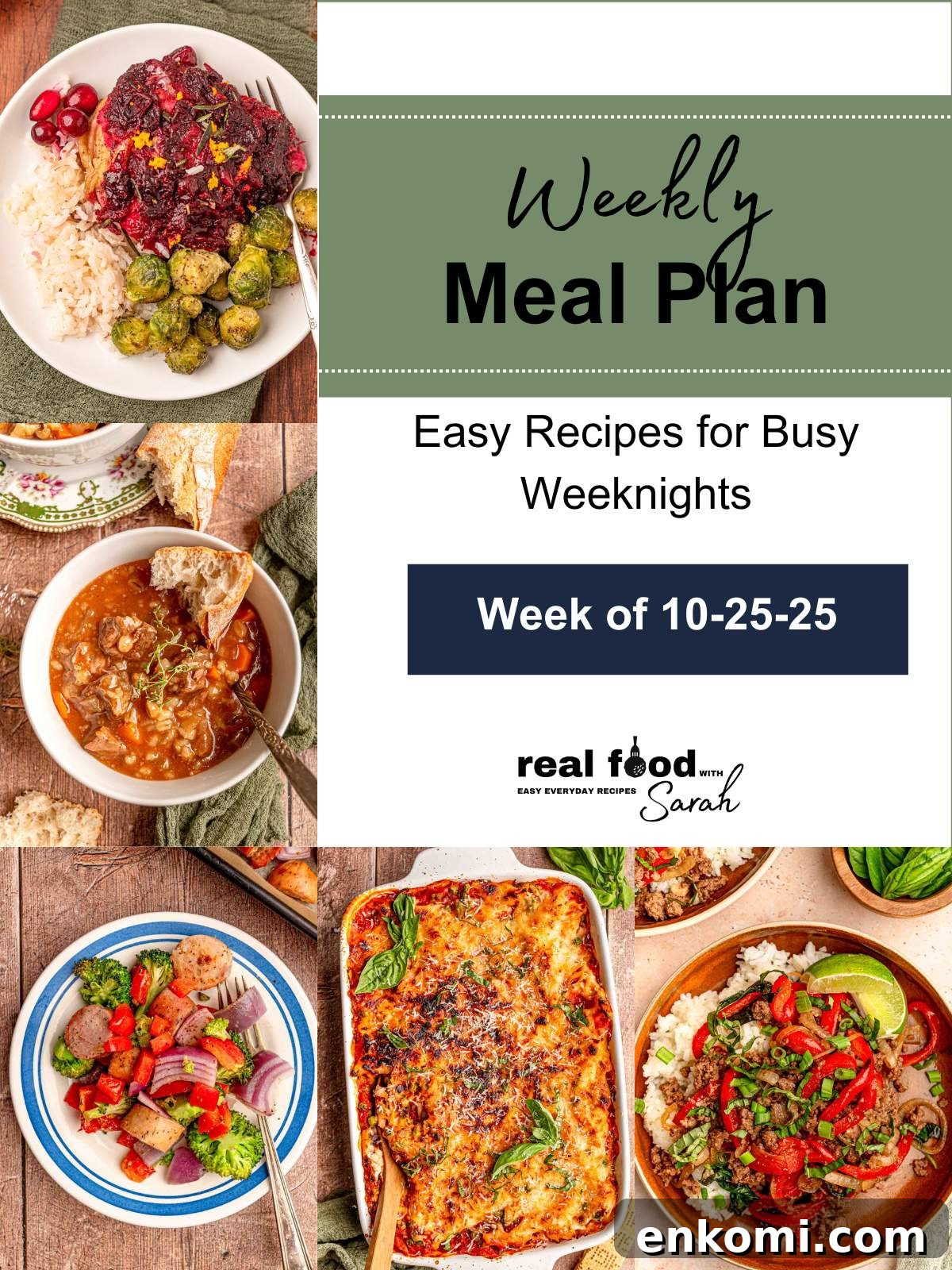 Weekly Meal Plan: Oct 25, 2025 — Simple Dinners & Prep Guide 2 Weekly meal plan collage for the week featuring Cranberry Orange Chicken Thighs, Slow Cooker Beef Barley Soup, Italian Sausage and Vegetable Sheet Pan Dinner, Pasta al Forno, and Thai Basil Beef with the Real Food with Sarah logo.