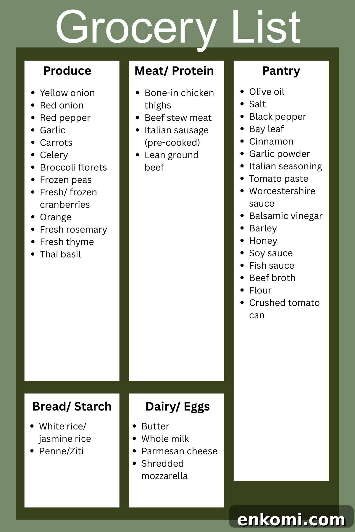 Weekly Meal Plan: Oct 25, 2025 — Simple Dinners & Prep Guide 3 Weekly grocery list for the 10-25-25 meal plan, categorized by produce, meat and protein, pantry, bread and starch, and dairy and eggs.
