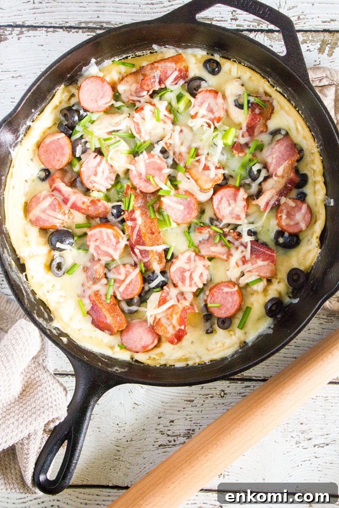 Loaded White Pesto Pizza in a Cast Iron Skillet: Crispy & Cheesy 4 Loaded Skillet White Pesto Pizza #SundaySupper