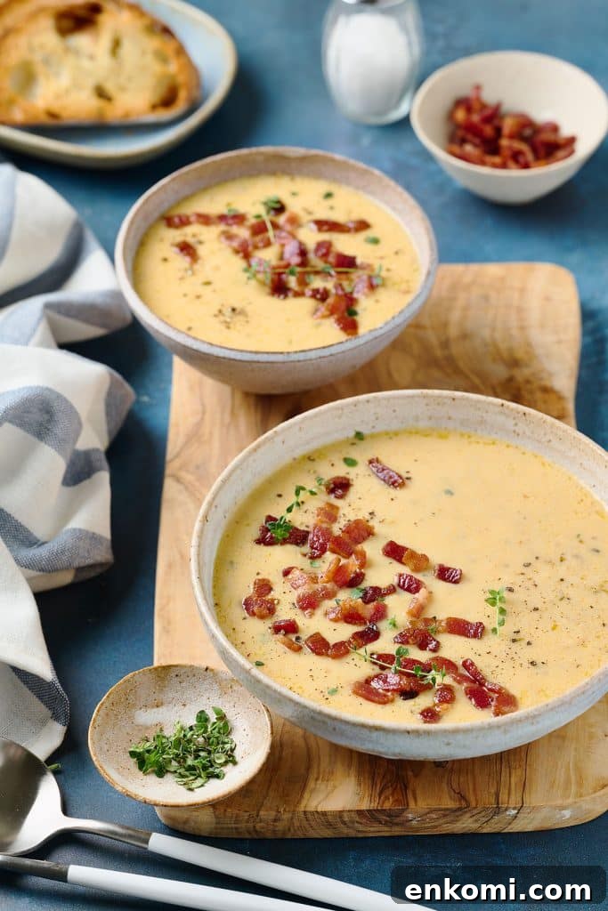bowls filled with creamy beer and cheese soup topped with crispy bacon