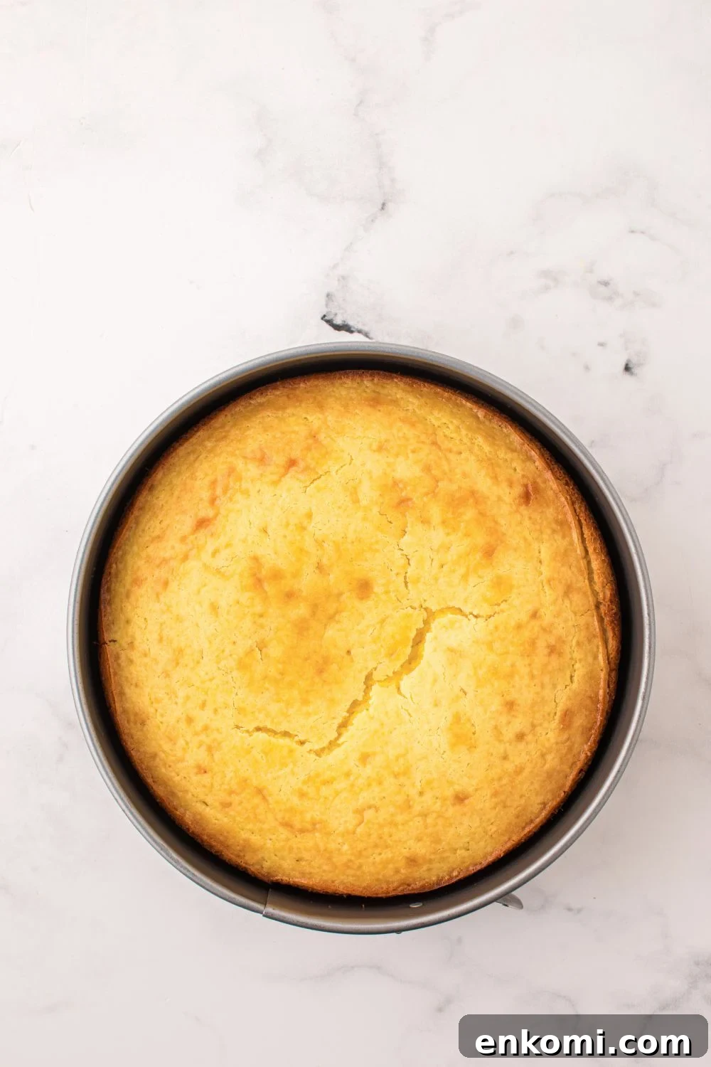 round Lemon Ricotta Cake baked in a pan sitting on a table 