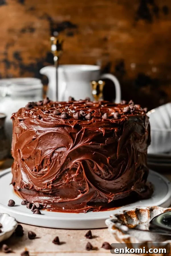 Strawberry and Cream Chocolate Layer Cake Recipe 10 matilda chocolate cake on a white cake plate with chocolate chips and flake sea salt on top.
