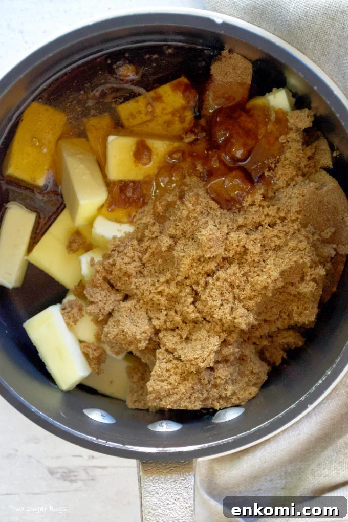 caramel ingredients for banana pecan bars in a sauce pan