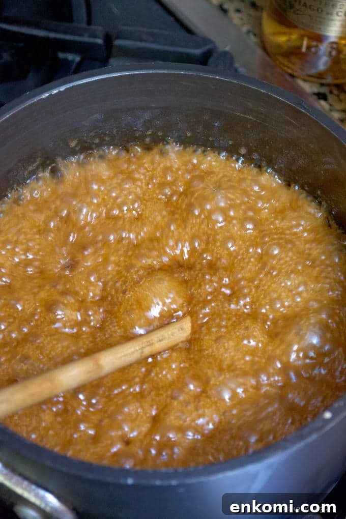 boiling caramel sauce in a saucepan