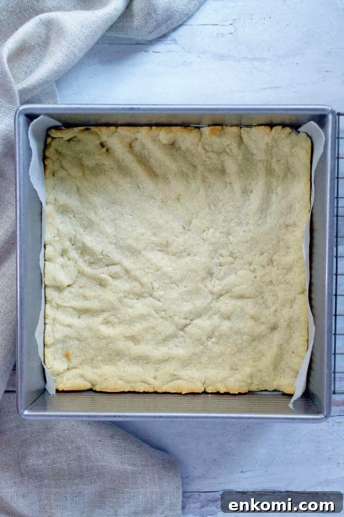 baked shortbread crust in a baking pan
