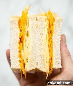 close up overhead shot of hand holding cheese sandwich showing filling