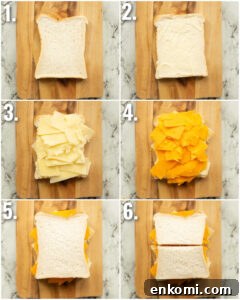 6 step by step photos showing how to make a cheese sandwich