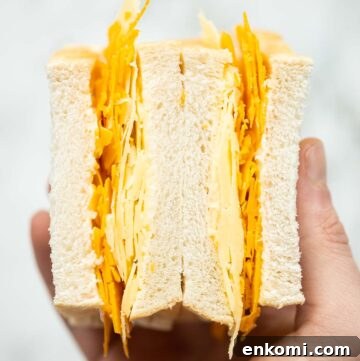 close up overhead shot of hand holding cheese sandwich showing filling