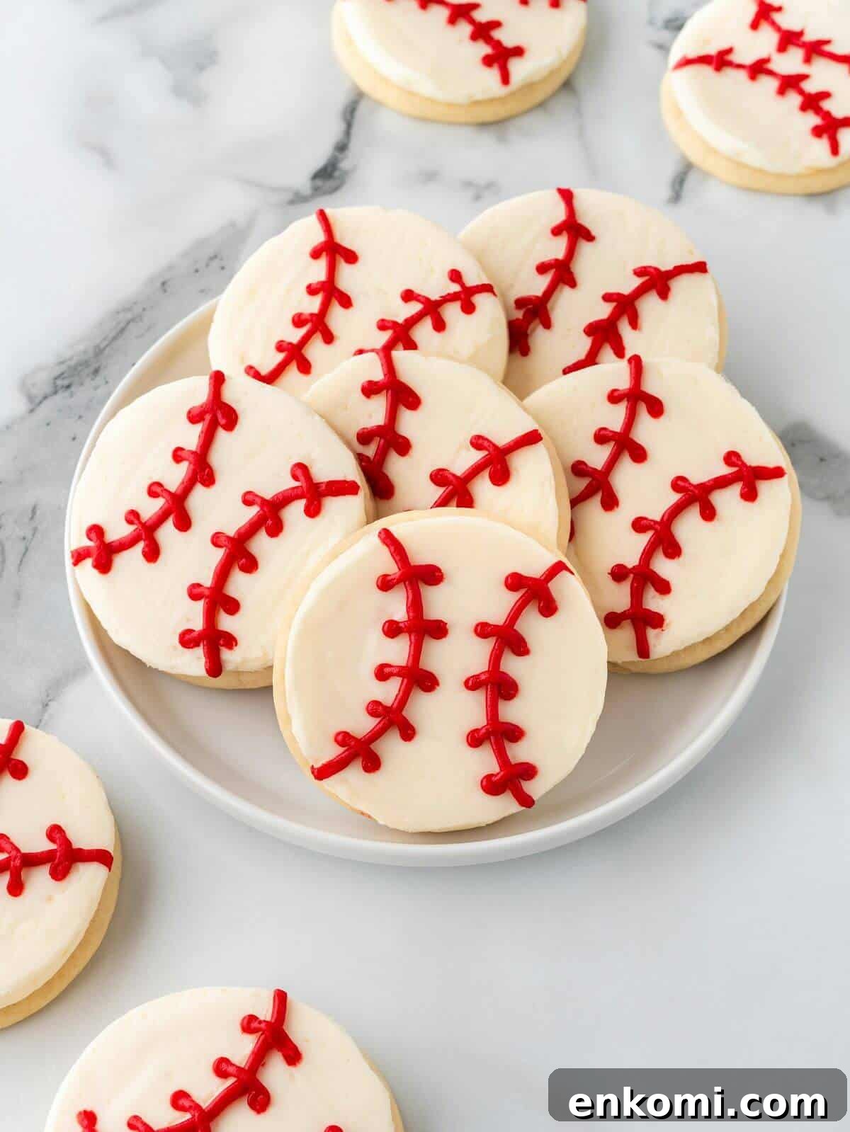 Baseball-Themed Sugar Cookies: Recipes and Decorating Tips 2 baseball sugar cookies on white glass plate