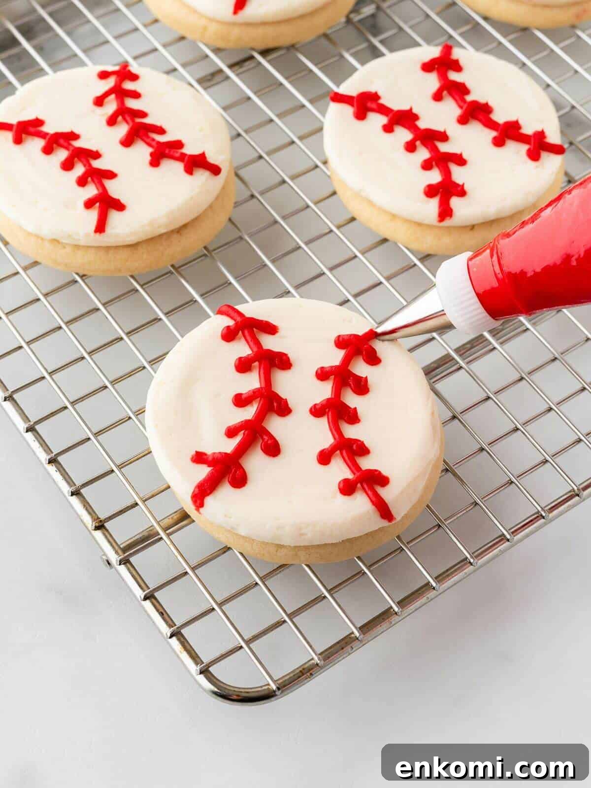 Baseball-Themed Sugar Cookies: Recipes and Decorating Tips 17 piping red icing on baseball sugar cookie