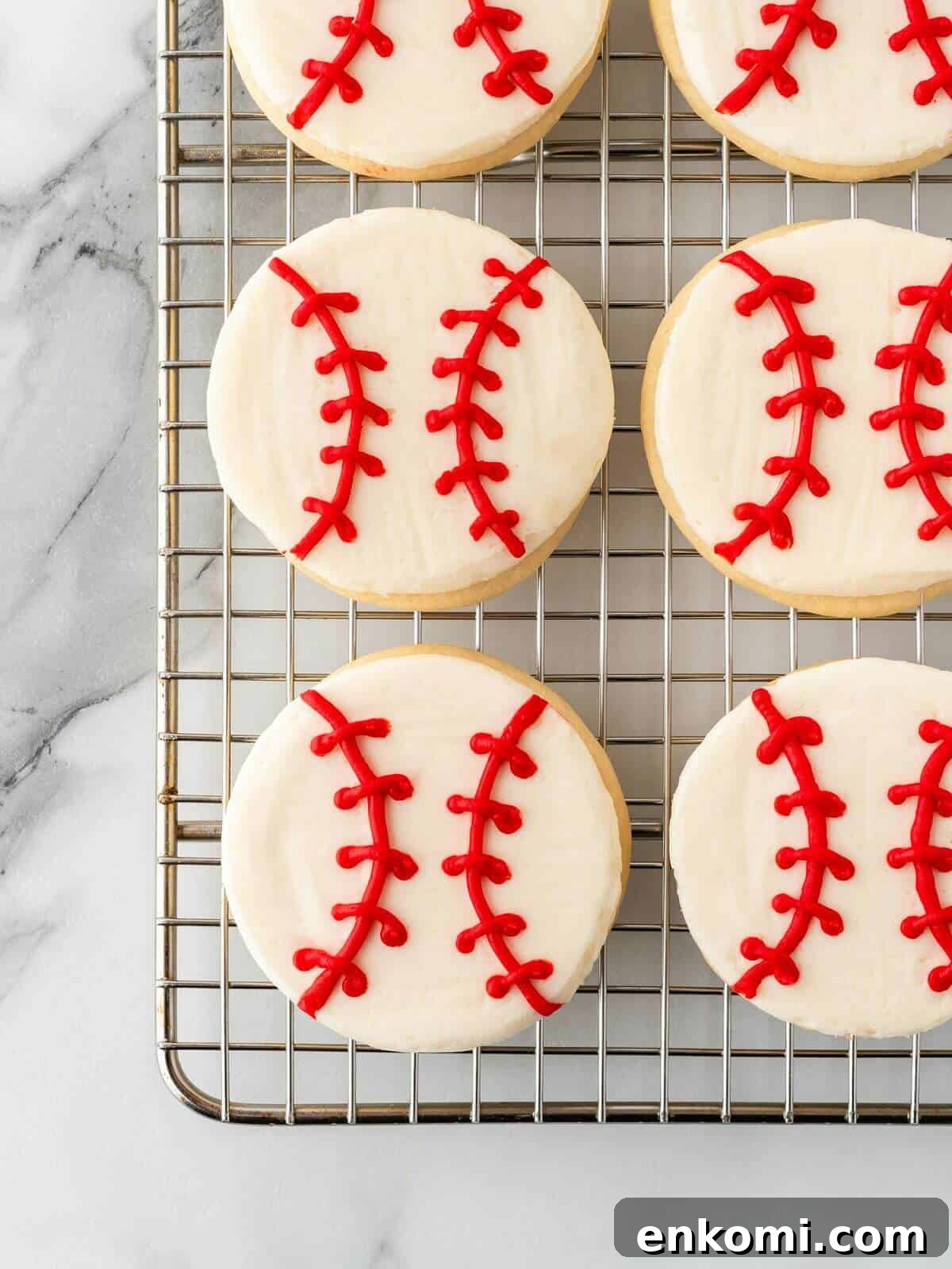Baseball-Themed Sugar Cookies: Recipes and Decorating Tips 18 baseball sugar cookies on wire cooling rack