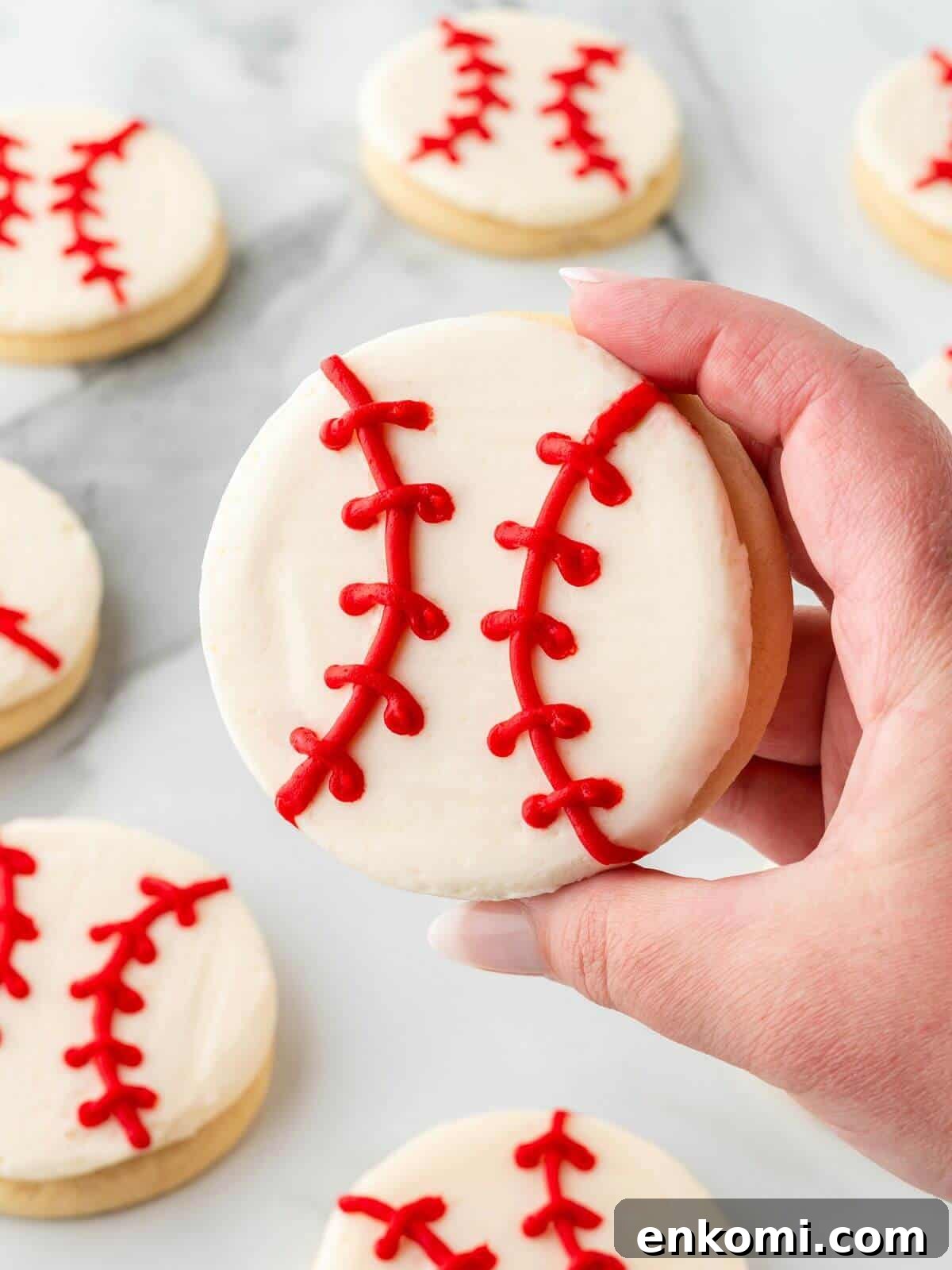 Baseball-Themed Sugar Cookies: Recipes and Decorating Tips 3 upclose shot of baseball sugar cookie