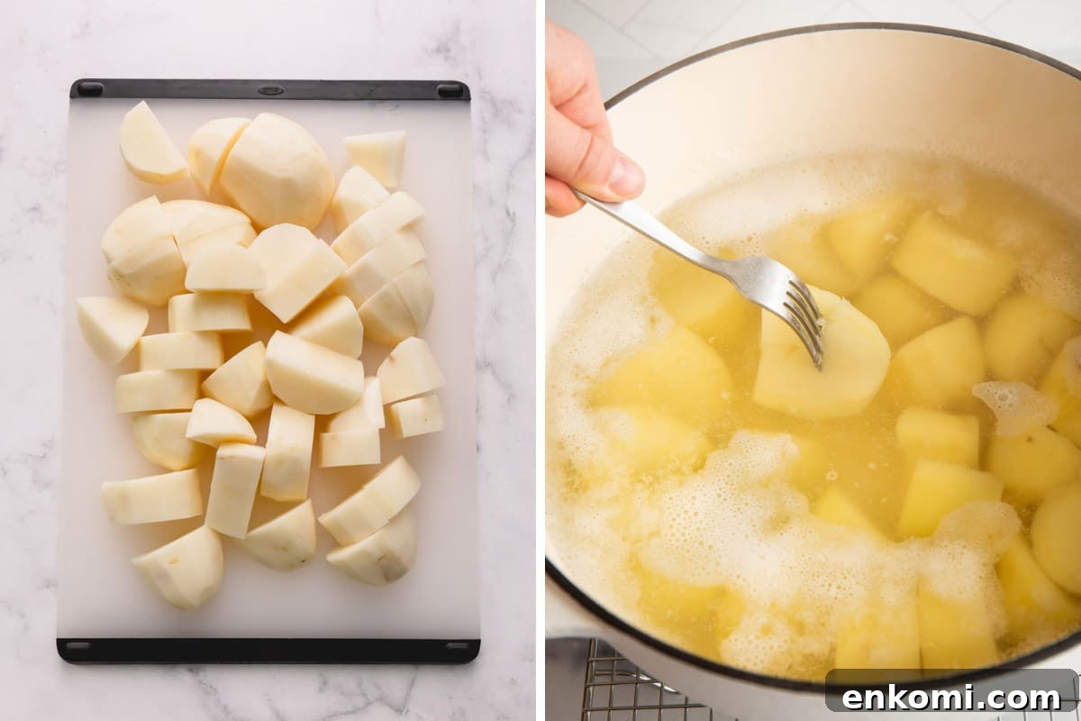 Two images showing the process of boiling peeled and sliced potatoes.