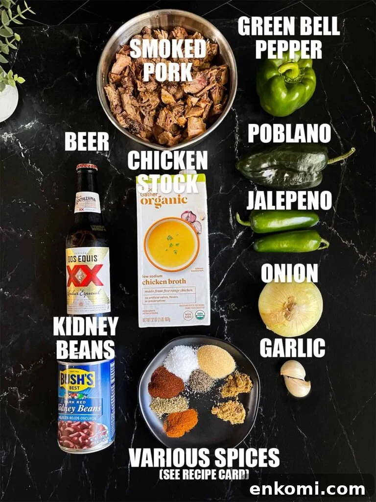 Ingredients needed to make smoked pork chili.