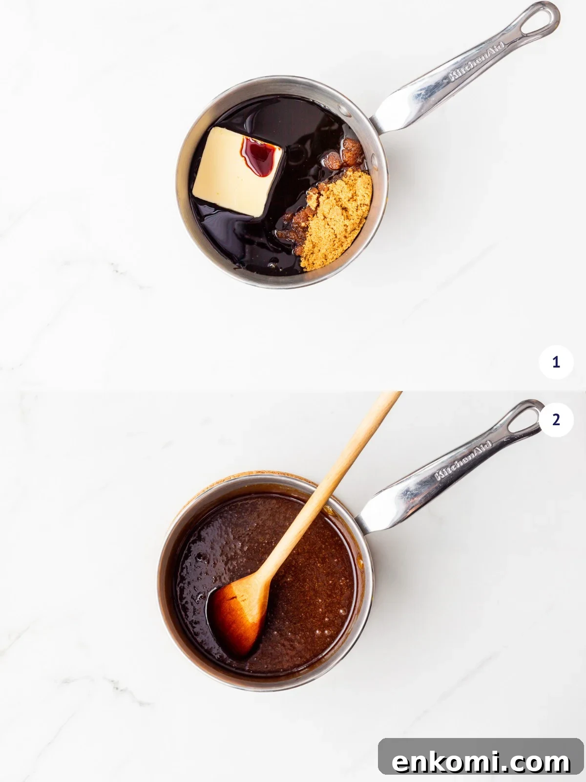 Melting butter, brown sugar, molasses, and oil in a saucepan to make gingerbread cake.