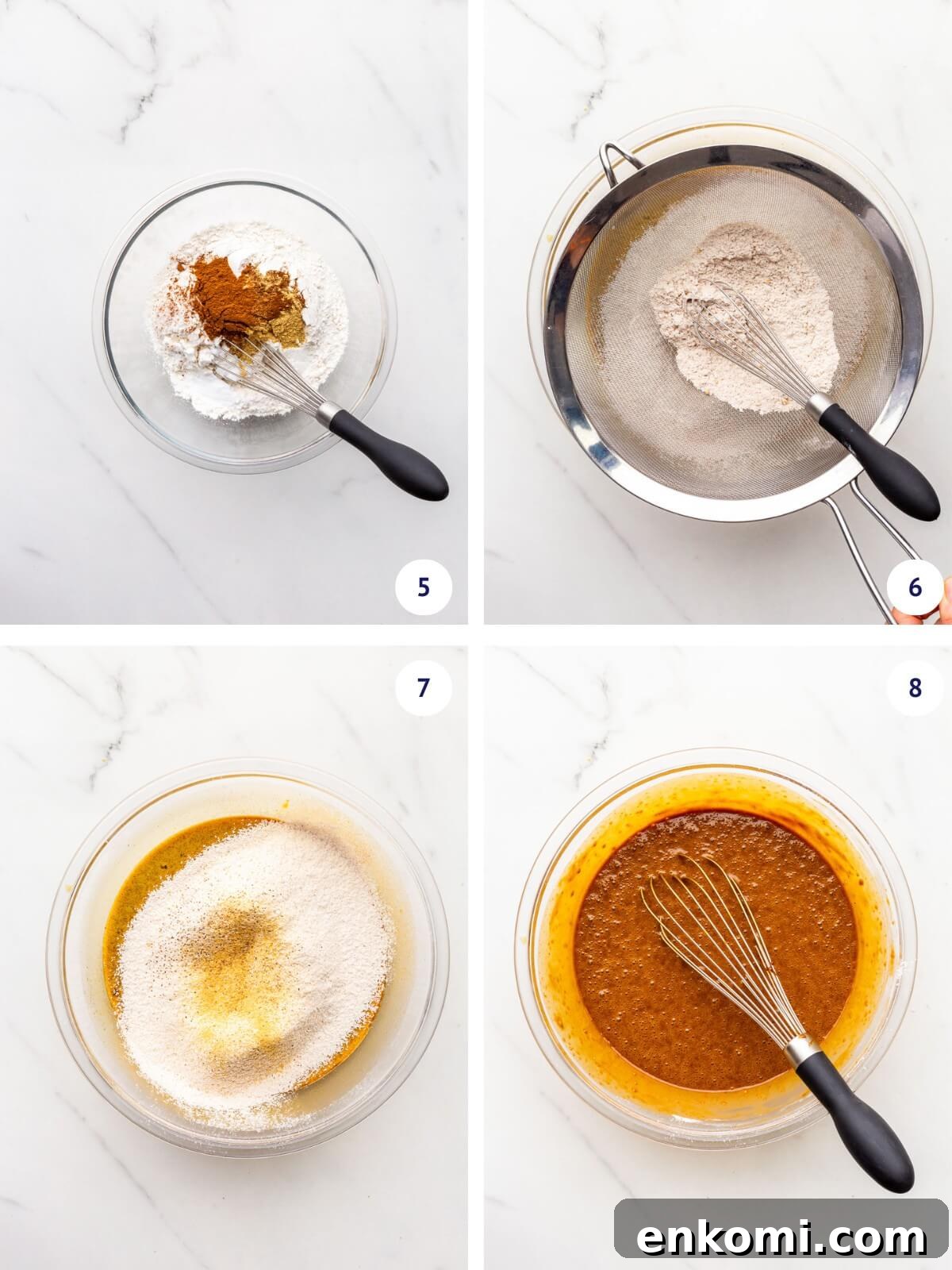Combining dry ingredients with wet ingredients to make the batter for a gingerbread cake.