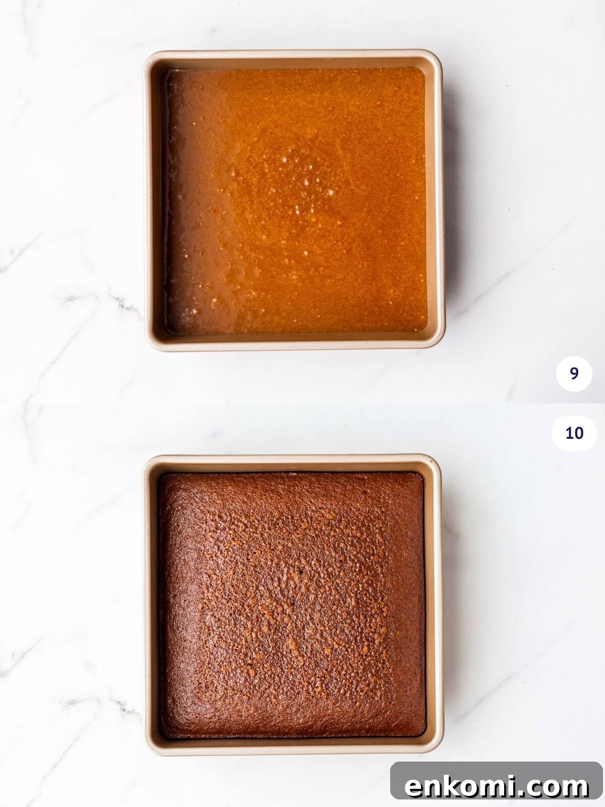 Gingerbread cake in a square cake pan before and after baking.
