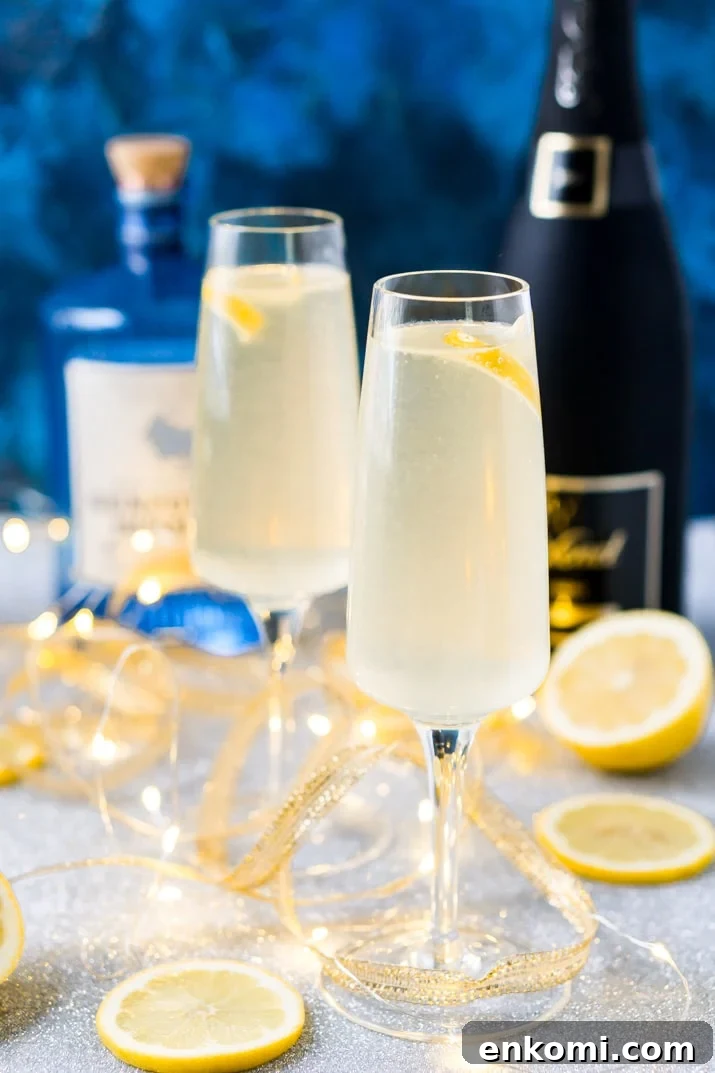 French 75 is a classic cocktail that combines bright citrus with the earthy notes of gin and the sparkle of champagne. A delicious drink recipe for parties, New Year's Eve, brunch, bridal showers and more!