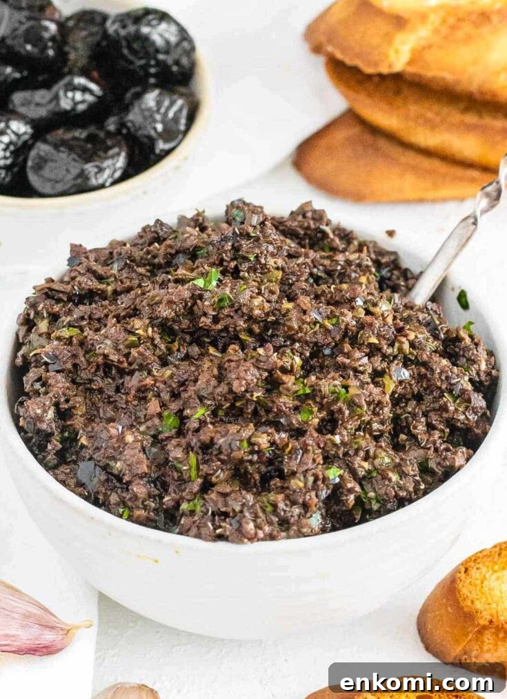 Olive tapenade in a white bowl