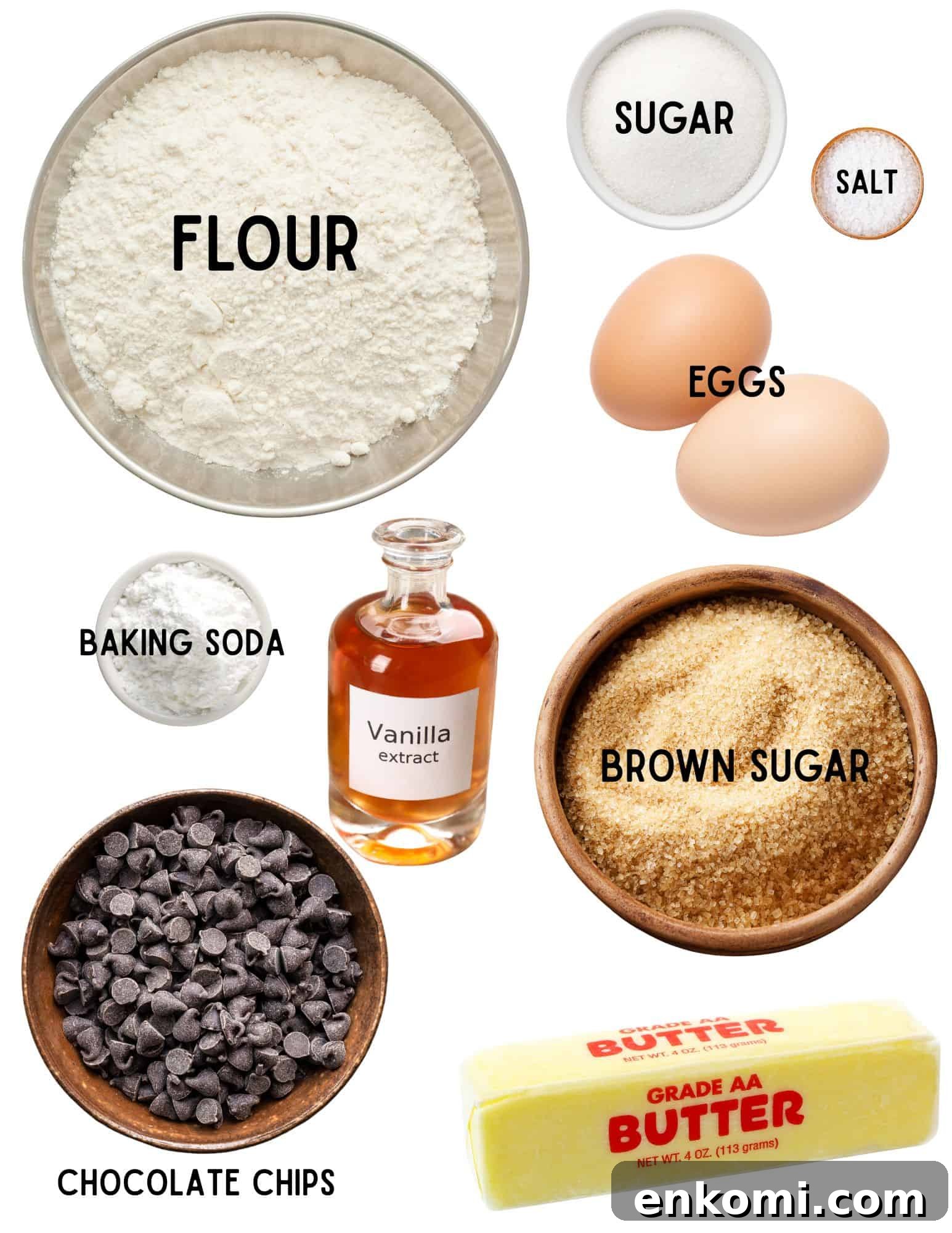 Bowls of sugar, flour, baking soda, salt, brown sugar, chocolate chips, butter, vanill and eggs.