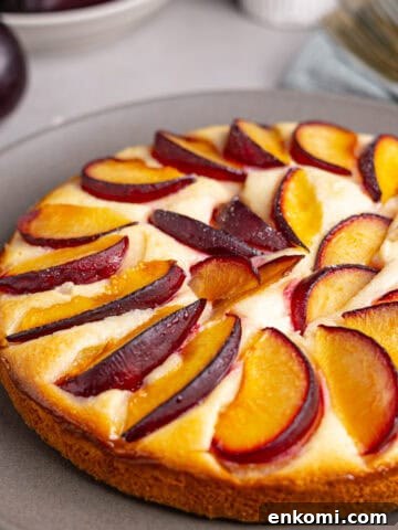 A close up of a yogurt plum cake on a gray plate.