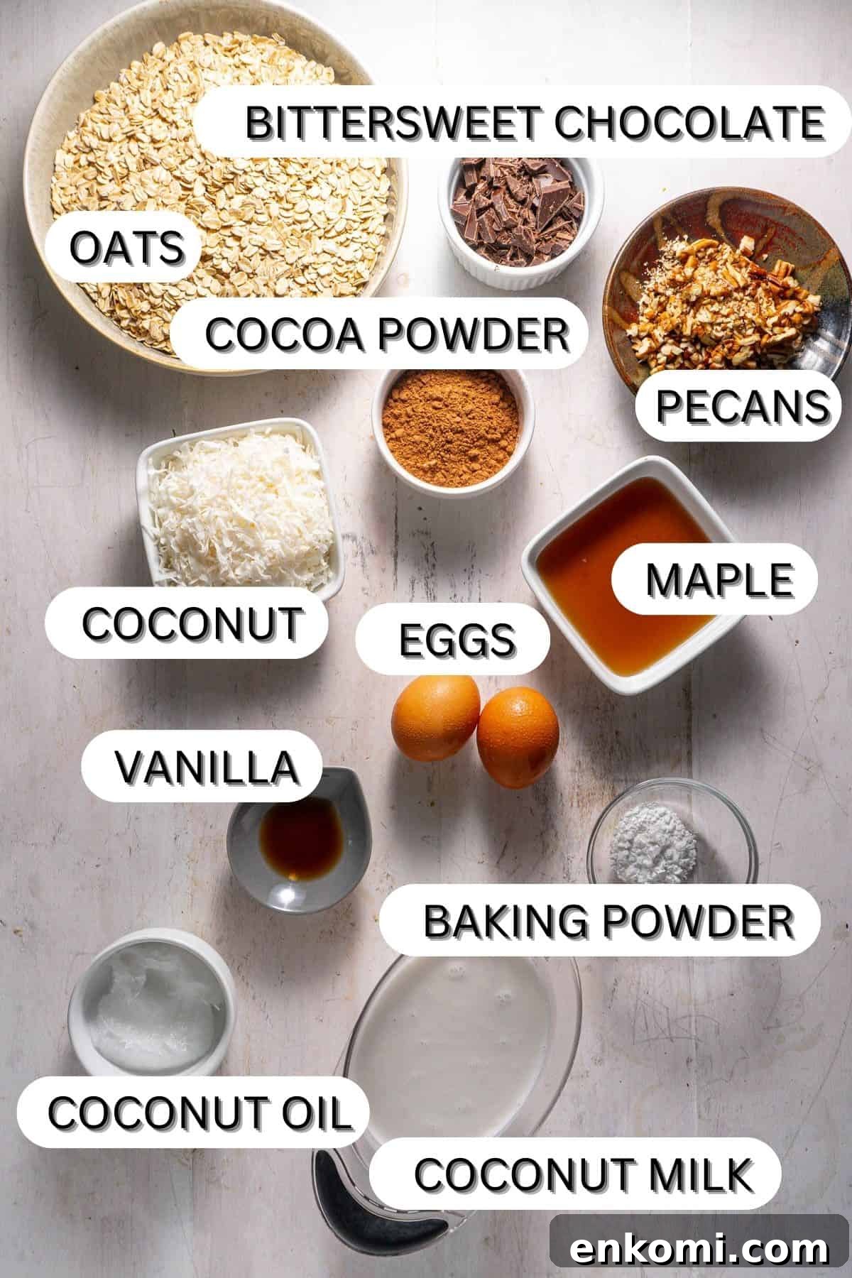 German Chocolate Cake Baked Oatmeal Recipe for Decadent Mornings 3 Ingredients for a German chocolate cake baked oatmeal on a white table.