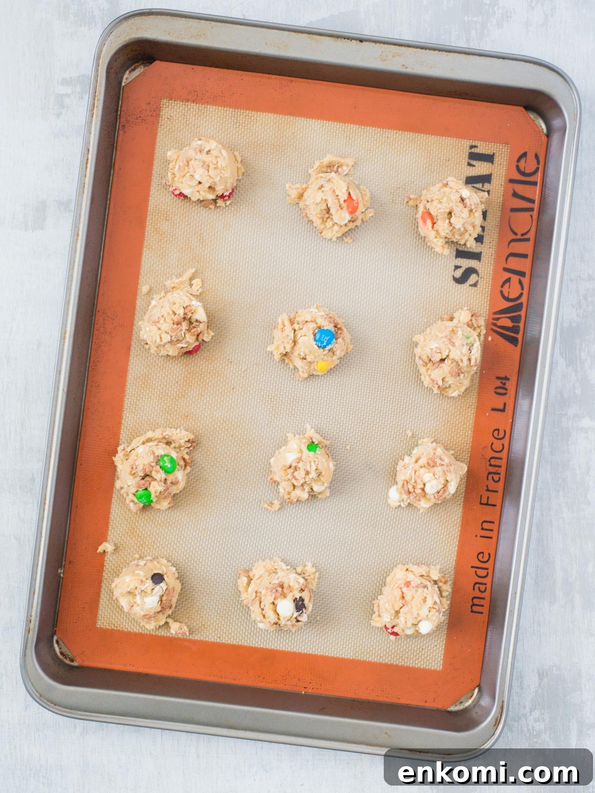 Chewy Chocolate Rice Krispie Cookie Recipe 9 Chocolate Rice Krispies Cookies on a baking sheet