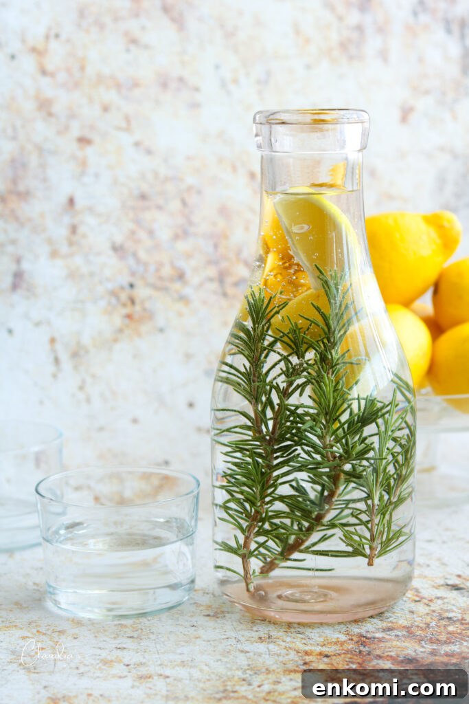 Rosemary Lemon Water Benefits and Simple Infused Water Recipe 2 rosemary lemon water in carafe with lemons in the back with glasses