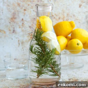 Rosemary Lemon Water Benefits and Simple Infused Water Recipe 4 square image of rosemary lemon water with lemons in the background in clear carafe