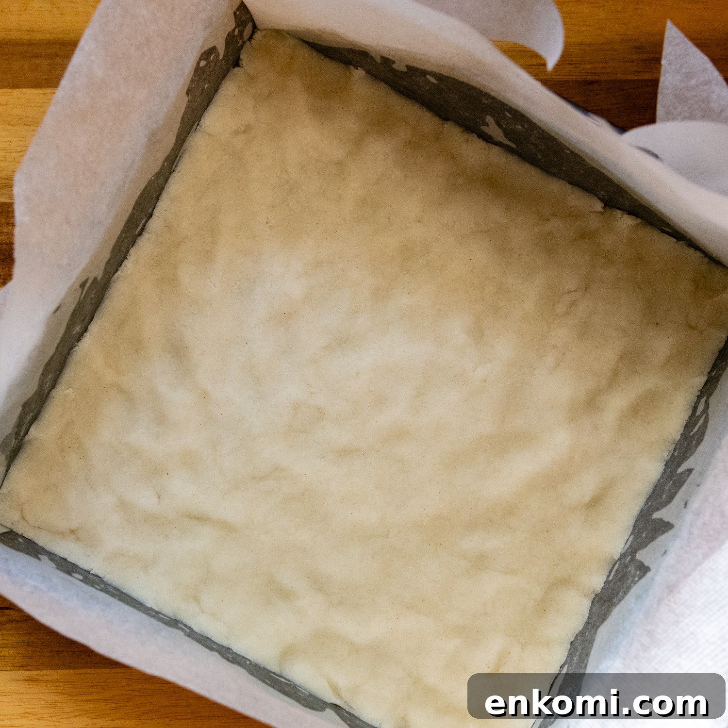 Maple Pecan Pie Bars (Gluten-Free) 4 Dough pressed into prepared baking pan.