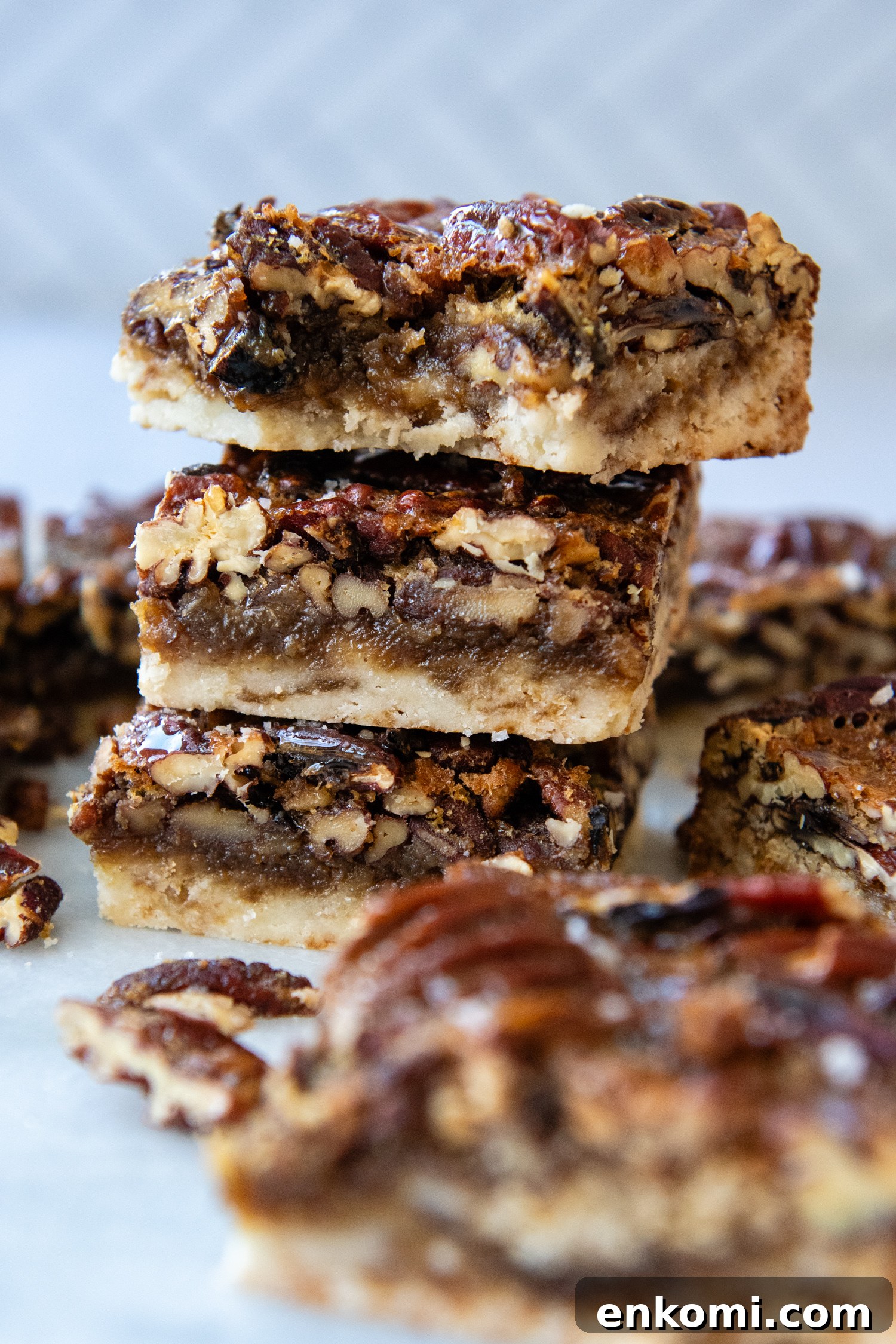 Maple Pecan Pie Bars (Gluten-Free) 9 Shot showing the layers of the pecan pie bars.